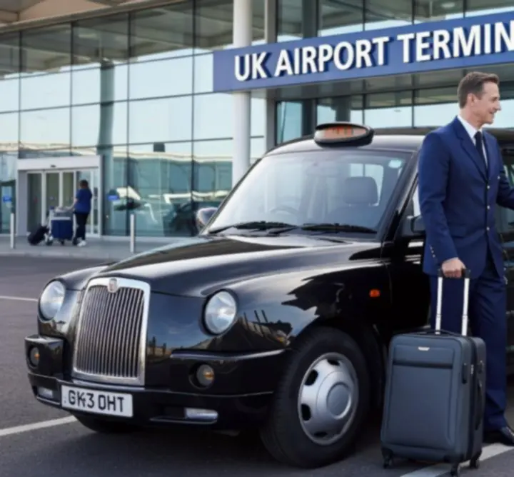 Taxi dropping a passenger at a UK airport terminal