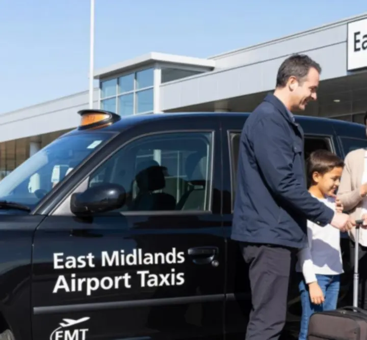 Family with suitcases being assisted by a taxi driver for an airport transfer