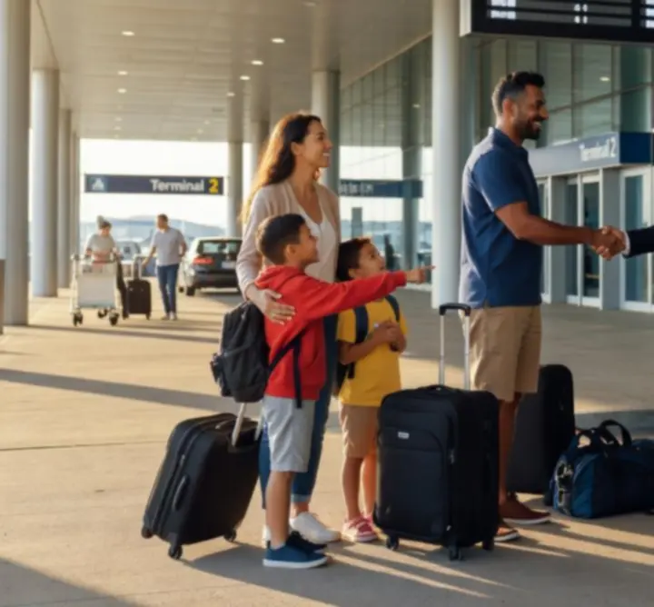 Family getting into a taxi outside their home for a pre-booked airport transfer