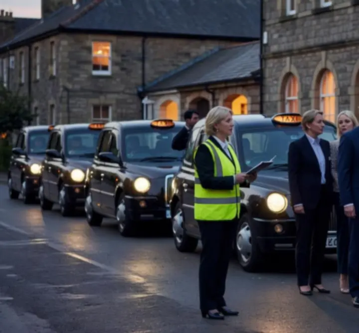 Taxis lined up outside a venue providing transport for event guests