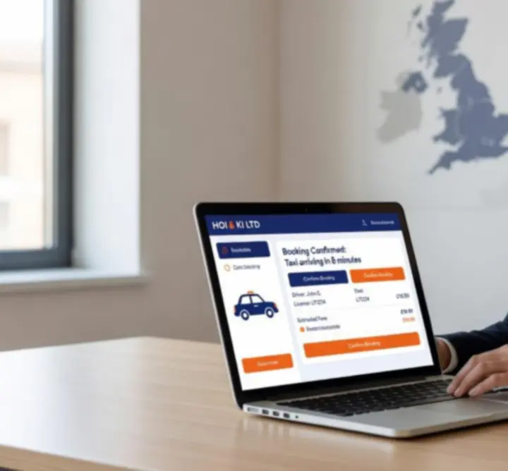 Illustration of HOI & KI LTD taxi booking workflow from quote to drop-off