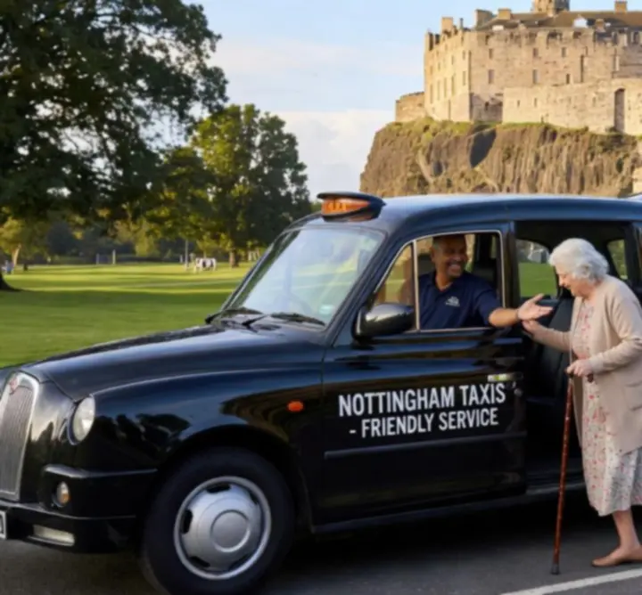 Tourist group boarding a taxi for a day out around Nottingham